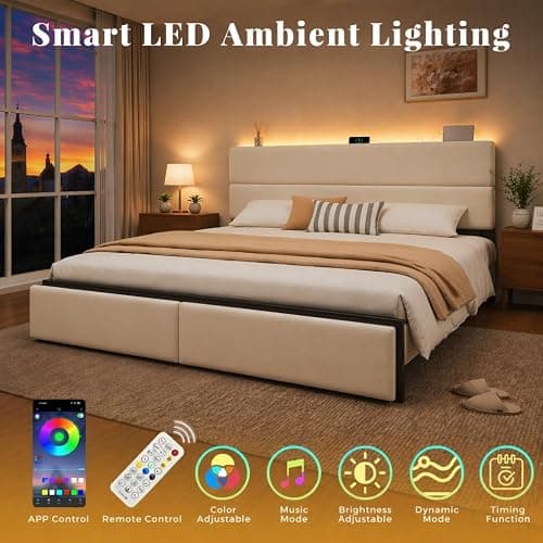 UHTN Queen Bed Frame with 2 Storage Drawers, Beige Velvet Upholstered | Platform Bed with Charging Ledge, LED Headboard Lighting, Metal Support, Noise Free, No Box Spring Needed, Easy Assembly thumbnail 6