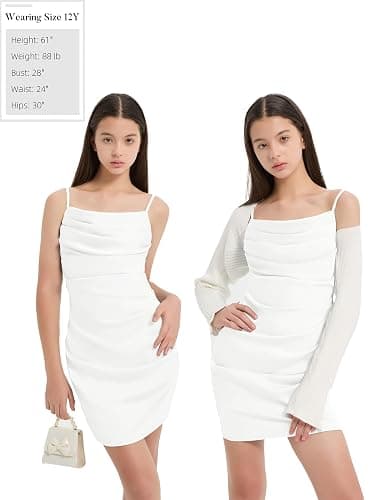 EXARUS Girls Bodycon Dress Pre Teen Short Spaghetti Strap/Cowl Neck/One Shoulder Mini Holiday Formal Party Cute Dresses thumbnail 5