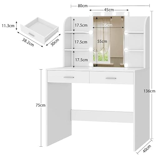 TEENFON Vanity Desk with Mirror & Lights, Makeup Vanity with 6 Shelves, Dressing Table with 2 Drawers, 3 Color Light Adjustable for Bedroom, Modern, White thumbnail 3
