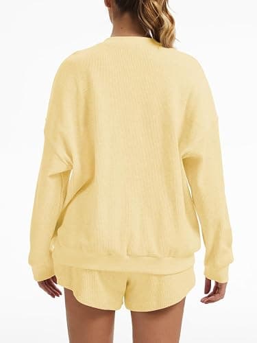 KCVVA Women Waffle Knit Lounge Set 2 Piece Oversized Long Sleeve Sweatshirt and High Waisted Shorts Outfit thumbnail 4