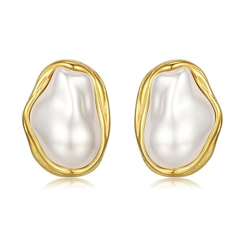 Dckazz Vintage Pearl Earrings Chunky 14K Gold Plated Pearl Earrings for Women Oval Stud Non Tarnish - Image 1