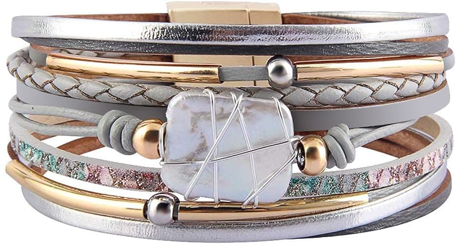 Fesciory Leather Wrap Bracelet for Women, Boho Western Stacked Cuff Jewelry | Stackable Bracelets, Easy-On Clasp, Daily Wear, Pairs with Boho Western Outfits, Gift for Women - Image 1