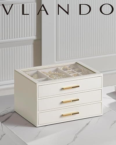 Vlando Jewelry Box with Glass Lid,Jewelry Organizer with 3 Drawers,3-Layer Jewelry Box for Women Girls,Mothers Day Gifts for Women,Beige thumbnail 8