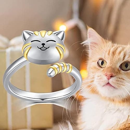 Cute Cat Pet Anxiety Relieve Spinner Rings Kitten Animal Fidget Open Adjustable Ring Sterling Silver Plated Worry Stress Relieving Boredom ADHD Autism Jewelry Stacking Finger Promise Engagement Gift thumbnail 5