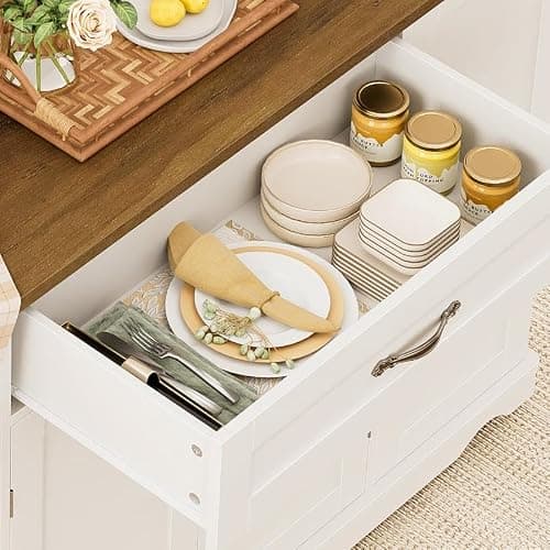 HOSTACK Kitchen Island Cart with Storage, 47'' Kitchen Storage Island on Wheels with 2 Drawers, Rolling Island Table with Adjustable Shelves, Mobile Buffet Sideboard Cabinet for Dining Room, White thumbnail 8