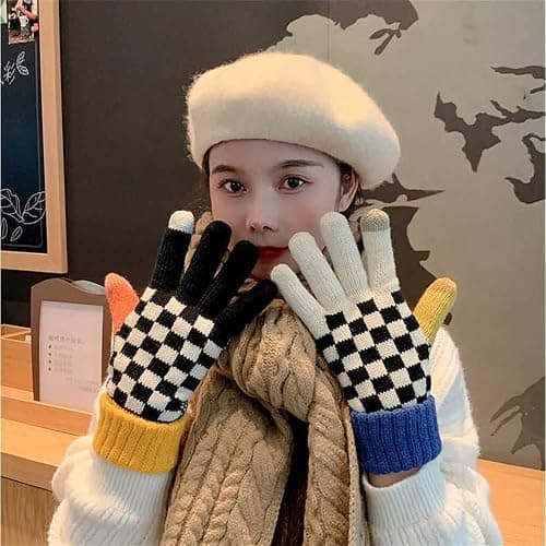 Plaid Winter Gloves with Touch Screen for Women Girls Checkered Double Layer Cold Weather Gloves Thick Thermal Plush Mittens thumbnail 2