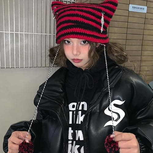 Grunge Beanies Crochet Knitted Hats for Women Girls Fox Cat Ear Goth Emo Alt Y2K Accessories Grunge Clothes thumbnail 4