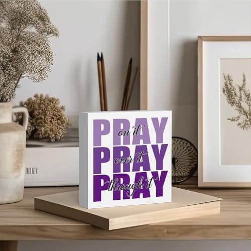 Inspirational Bathroom Room Decor, Christian Bible Desk Decoration, Accessories for Women Office, Dorm Decor Gifts for Women, Wooden Box Sign for Home Bedroom Table Shelf-Pray Through It(purple) thumbnail 2