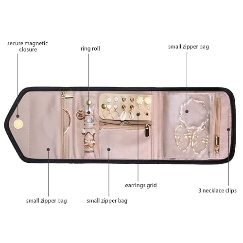 BAGSMART Travel Jewelry Organizer Case Foldable Jewelry Roll for Journey Rings, Necklaces, Earrings, Bracelets, Mini, Black thumbnail 4