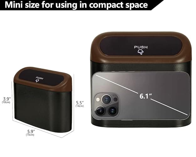 Ginsco 2 Pack Mini Car Trash Can with Lid, Small Car Garbage Can, Cute Leakproof ABS Car Trash Bin, Car Accessories for Interior, Garbage Bin for Car, Home, Office with 120pcs Trash Bags Black/Brown thumbnail 2