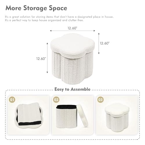 B FSOBEIIALEO Storage Ottoman Cube, Flowers Shaped Ottomans with Storage Foot Stool Footrest for Lving Room, Boucle Ottoman Seat for Dorm Room,Faux Teddy Fur,White 12.6"x12.6"x12.6" thumbnail 3