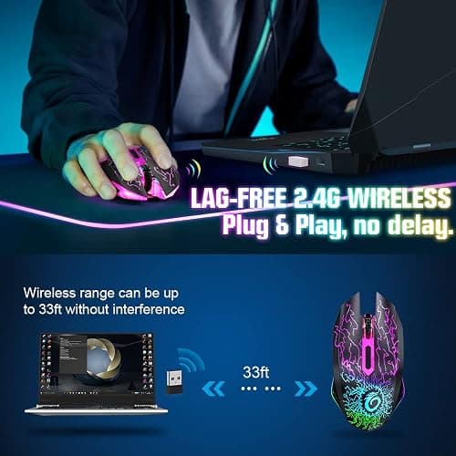 VersionTECH. Wireless Gaming Mouse, Rechargeable Computer Mouse Mice with Colorful LED Lights, Silent Click, 2.4G USB Nano Receiver, 3 Level DPI for PC Gamer Laptop Desktop Chromebook Mac-Black thumbnail 2