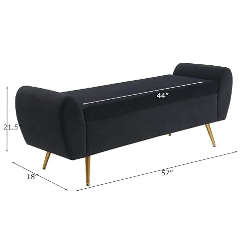 56" Storage Bench for Bedroom King Size Bed, Gold Legs, Velvet Black | Long Ottoman, Modern End of Bed Bench, with Arm, Upholstered, For Bedroom/Living Room/Window/Entryway thumbnail 2