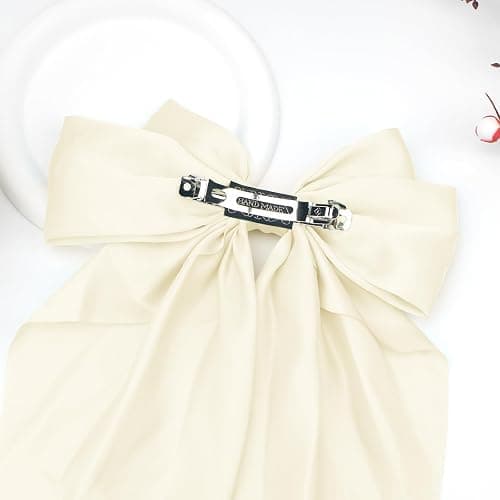 Big Beige Silky Satin Hair Bows with Long Tail Ribbon Barrettes for Women and Girls - Cute Coquette Hair Clips thumbnail 4
