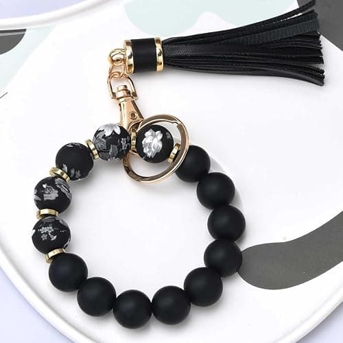 BAOSIWA Silicone Beaded Bracelet Keychain Wristlet Key Ring Bangle Chains for Women with Leather Tassel thumbnail 5