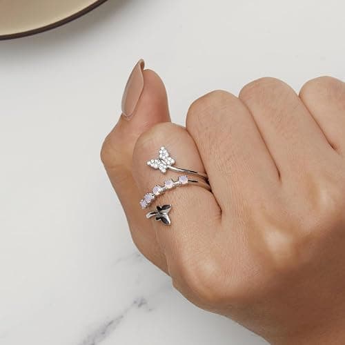 925 Sterling Silver Rings for Women Mermaid Tail/Daisy Bee/Flower/Butterfly Ring Dainty Stackable Rings Ajustable Cute Ring for Girls thumbnail 3