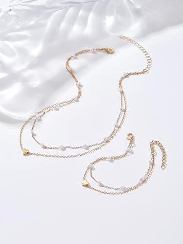 Gold Heart Pearl Layered Necklace and Bracelet Set for Women, Dainty Double Layer Chain Jewelry, Elegant Pearl Beaded Choker and Bracelet Set, Fashion Layered Jewelry Gift for Her thumbnail 2