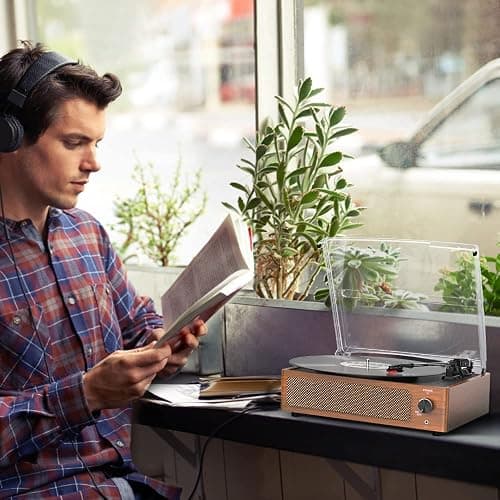 Seasonlife® Vinyl Record Player with Speakers,Retro Brown Vintage Turntable | All-in-one Beginner LP Players,Wooden Old-school Phonograph,Belt-Driven,3-Speed,BT Wireless Input,Headphone,AUX,RCA,Auto Stop thumbnail 8