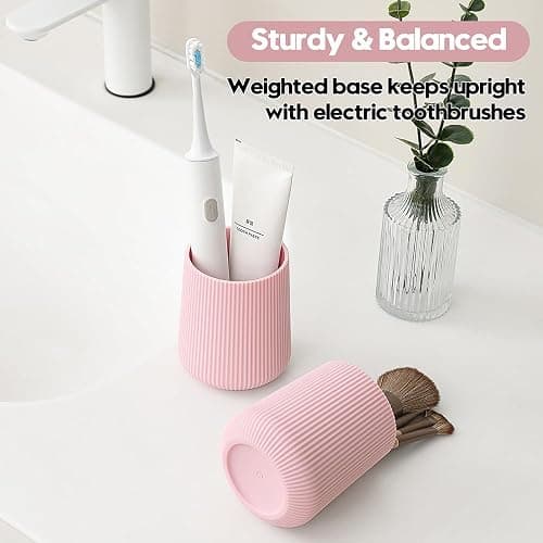 YAUKPH Pink Striped Toothbrush Holder for Electric Toothbrushes Bathroom Organizer Cup for Toothpaste Kids & Adults thumbnail 6