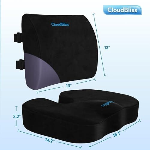 CloudBliss Ergonomic Seat Cushion & Lumbar Support Pillow Set, Black,Large | Back Pain & Sciatica Relief, Memory Foam Support, Adjustable Straps, Machine Washable Velvet, Perfect for Office, Car, Gaming thumbnail 2