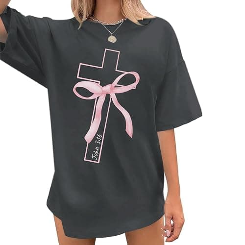 BINTEHGS Christian Faith Cross T Shirts for Women God Oversized Bow Graphic Tshirts Cute Tees Coquette Top for Teen Girls - Image 1