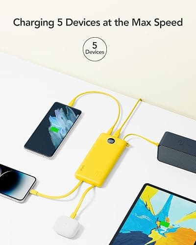 VRURC Portable Charger with Built-in Cables, 10000mAh LED Display USB C Power Bank, Slim Travel Battery Pack with 5 Output 2 Input Compatible with iPhone,Samsung,Android etc-Yellow(1 Pack) thumbnail 4