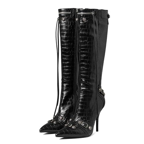 Oiamenne Knee High Boots for Women Fashion Slide Zipper Pointed Toe Stiletto Studded High Heel Rivets Tassel Boots Party Dress Shoes - Image 1
