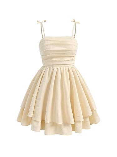 SHENHE Girl's Smocked Ruched A Line Swing Dress Layered Tie Shoulder Flowy Cami Short Dress - Image 1