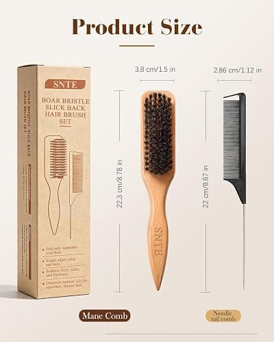 Peach Wood Boar Bristle Slick Back Hair Brush & Rat Tail Comb Set - Controls Frizz, Smooths Flyaways, Restores Shine - Creates Sleek Ponytails, Buns & Edge Control, Teasing for Women & Kids thumbnail 7