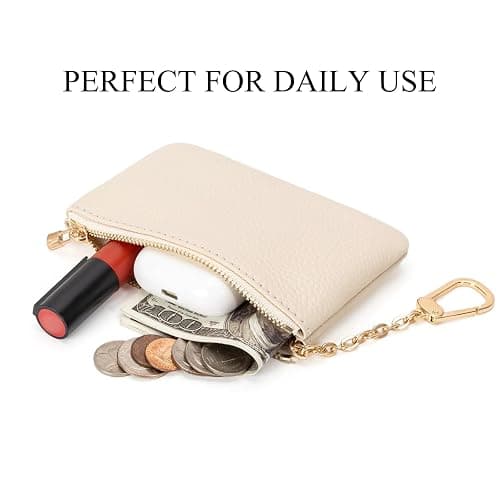 LARENNT Full Grain Leather Coin Purse with Key Chain - Small Change Purse Keychain Card Holder Keychain Pouch Small Keychain Wallet for Women and Men (Creamy-white, Large Size) thumbnail 5