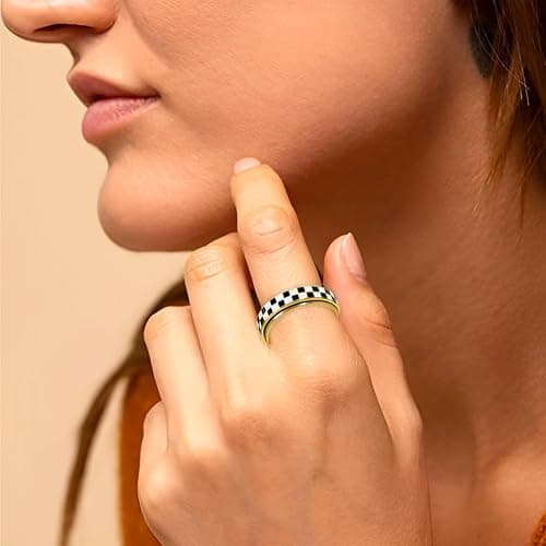 AmorArtSky Checkered Fidget Ring for Adults - 18K Gold Plated Stainless Steel Rotating Spinner Jewelry, Anxiety & Stress Relief Gift for Women/Men (Black and White Pattern) thumbnail 3