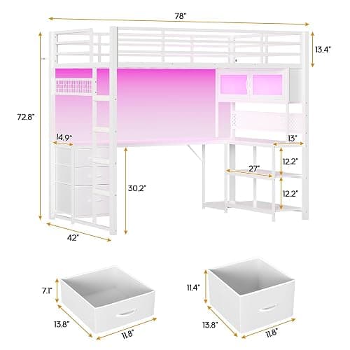 ADORNEVE Loft Bed Twin Size with L-Shaped Desk, Storage Drawers & RGB Arcylic Hutch, Expanded Safety Power Outlet, Metal LED Loft Bed Frame with Wide Ladder, for Teen Girls, White thumbnail 2