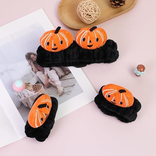 FlyingMage Kawaii Spa Headband and Wristband Set for Women Girls, Cute Halloween Skincare Headbands for Face Washing, Fluffy Makeup Headband for Washing Face, Bath, Shower and Beauty, Black Pumpkin thumbnail 7