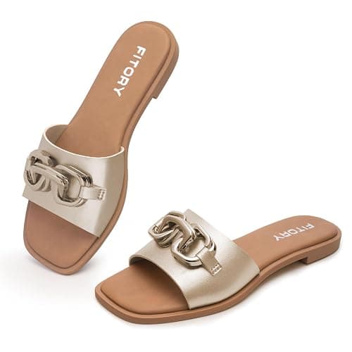 FITORY Women's Flat Sandals Fashion Slides With Soft Leather Slippers for Summer Size 6-11 - Image 1