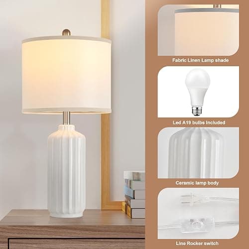 Liyicha Lamp for Living Room Bedroom Lamps Farmhouse Table Lamps Set of 2 Vertical Stripe Ceramic Table Lamp,Linen Shade with Bulb, 25 in High, White - White（Set of 2） - 25-inch high thumbnail 6