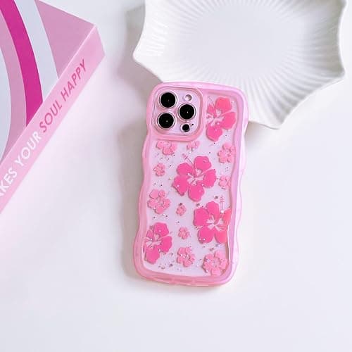 NITITOP Compatible with iPhone 12 Pro Max Case Cute Clear for Women Girls Flower Floral Bling Glitter Sparkling Star Wave Curly Frame Soft TPU Shockproof Camera Protective Cover - Pink thumbnail 2