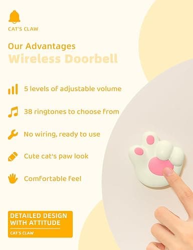 BANDIANCY Cat Paw Doorbell, Cute Anime Wireless Door Chime 1000ft Wireless Range, 38 Musical Ringtones Timbre, Mute Mode with LED Flash Pink Doorbell for kids Room, Bedroom, Nursery, Classroom thumbnail 6