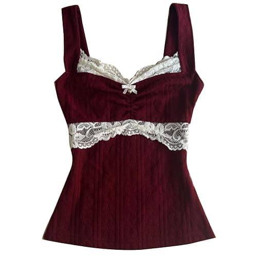 Women Grunge Coquette Tops Y2K Cute Core Vintage Aesthetic Fairy Shirts 2000s Lace Trim Tank Top Downtown Girl Clothes - Image 1