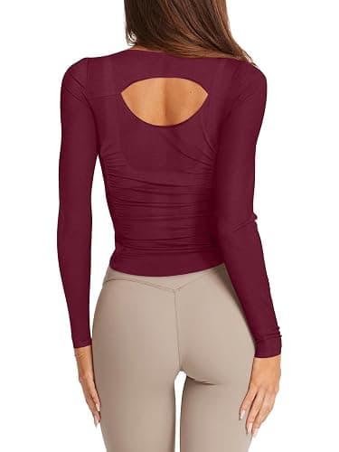 LASLULU Womens Long Sleeve Workout Tops Active Sheer Fitted Open Back Gym Yoga Athletic Running Tops Wrap Top Pilates Outfits thumbnail 4