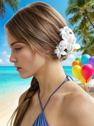 2 Pcs Pearl White Plumeria Claw Clips - Pretty Hawaiian Flower Hair Clips Cute Floral Hair Accessories for Wedding Tropical Beach Vacation Luau Parties thumbnail 7