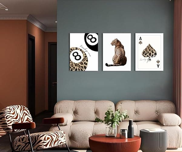 Trendy Leopard Canvas Wall Art Set of 3 - Cheetah Prints Wall Decor Pictures, Funky Lucky You 8 Ball Poster Preppy Aesthetic Paintings, for Girls Bedroom Dorm Apartment 12x16 inch Framed thumbnail 3