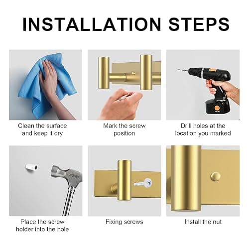 VAEHOLD Hat and Coat Wall Mount Rack - Hooks for Robes, Bags, Keys, and Towels - Bathroom Towel Hanger Organizer (Gold, “T“ Shape 4 Hooks 1 Pack) thumbnail 7