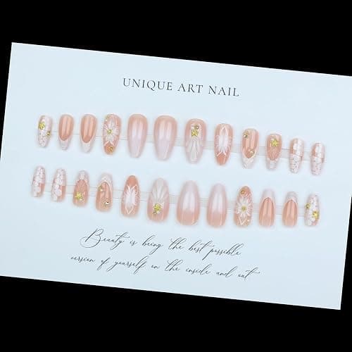 LPOODDNU 3D Almond Press on Nails - White French Tip Medium Fake Nails with Flower Pearl Star Designs, Glossy Finished Reusable False Nails with Adhesive Glue Tabs - 24Pcs Nail Kit for Women Manicure thumbnail 5