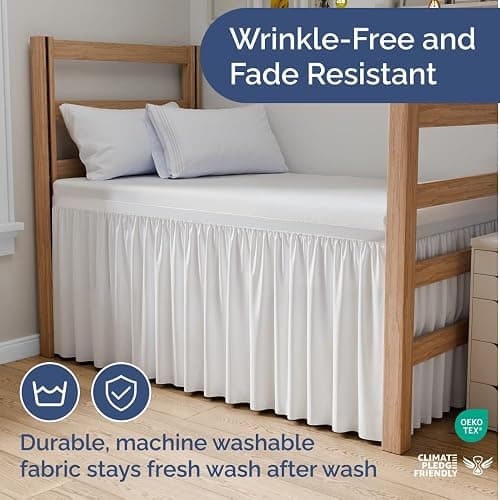 Wrap Around Dorm Room Bed Skirt - For Twin XL Size Beds w/ 30 Inch Drop - Extra Long Dust Ruffled College Bedskirt with Split Corners - Easy Fit Elastic Strap - Adjustable, Fade & Wrinkle Free - White thumbnail 6