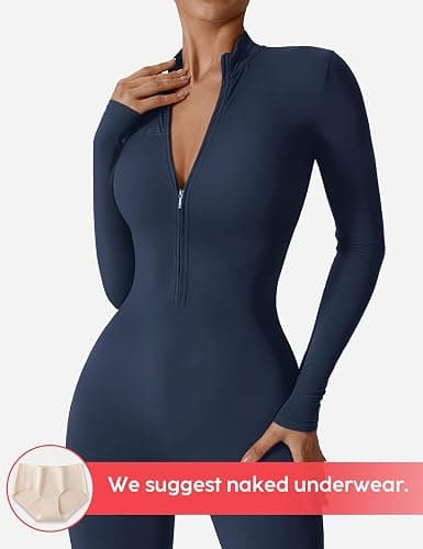 YEOREO Women Long Sleeve Workout Jumpsuit Zip Up Romper Bottom Pants Bodysuit Bodycon Sexy One Piece thumbnail 4