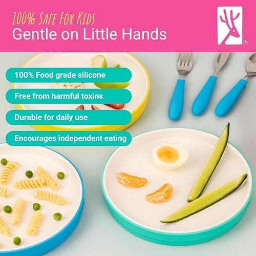 Elk and Friends Kids 7.8” Porcelain White Plates with Silicone Sleeves | Suitable for Babies/Toddlers | Microwave & Dishwasher Safe | Non Slip Dinnerware | Snack Dishes | 4 Pack thumbnail 3