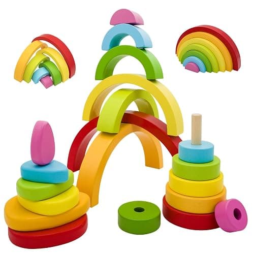MEGRANATE Montessori Wooden Rainbow Stacking Toys for Kids Wood Building Blocks Nesting Puzzle Toy Colorful Stacker Arch Game Sensory Educational Learning Toys for 3+ Year Old Kids - Image 1