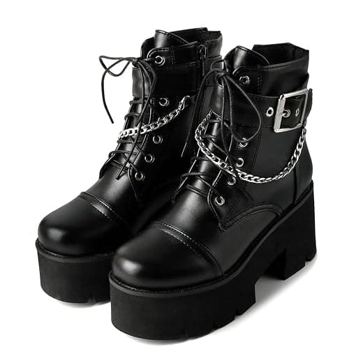 LUXMAX Women Buckle Goth Chunky Platform Ankle Boots Lace Up High Heel Motorcycle Boots with Chain thumbnail 5