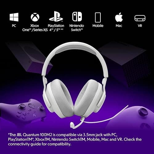 JBL Quantum 100M2 - Wired Over-Ear Gaming Headset with omnidirectional, Detachable mic with Mute Option and Fabric-Covered Memory Foam Ear Cushions, Compatible with All Platforms (White) thumbnail 2