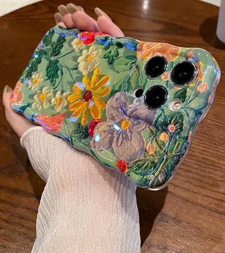 Amytor Case for iPhone 15 Pro Max, Colorful Retro Oil Painting Printed Flower Laser Glossy Pattern Cute Curly Wave Edge Exquisite Phone Cover Stylish Durable TPU Protective Case (Purple Yellow White) thumbnail 3